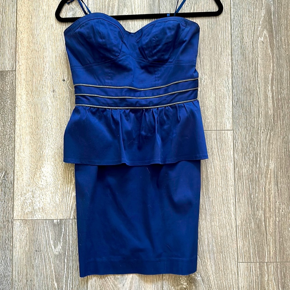 Strapless Navy peplum dress with zipper detail